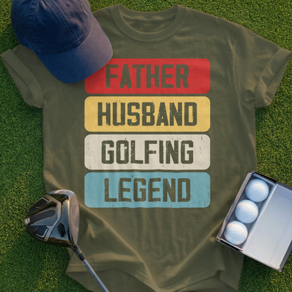T-shirt with "Father Husband Golfing Legend" text in retro colors.