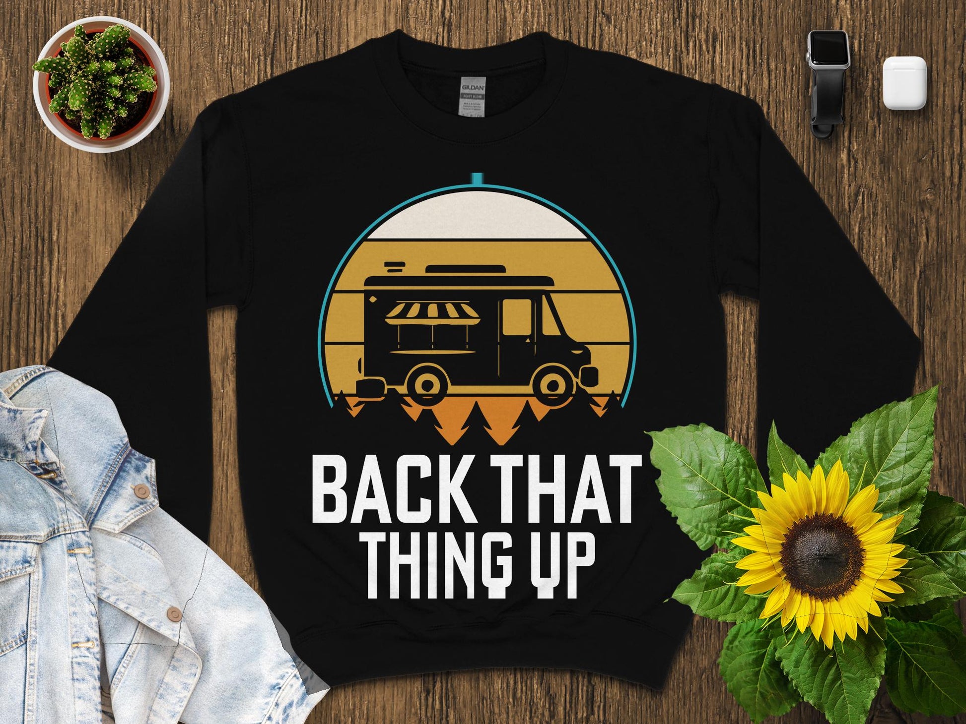 Black sweatshirt with vintage food truck graphic and "Back That Thing Up" text.