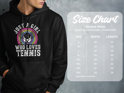Gildan 18500 sweatshirt with "Just a girl who loves tennis" text and size chart.