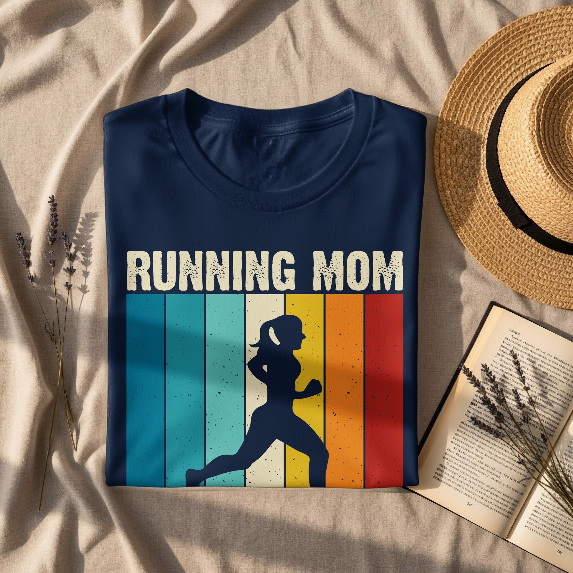 Navy t-shirt with "RUNNING MOM" text and silhouetted runner.