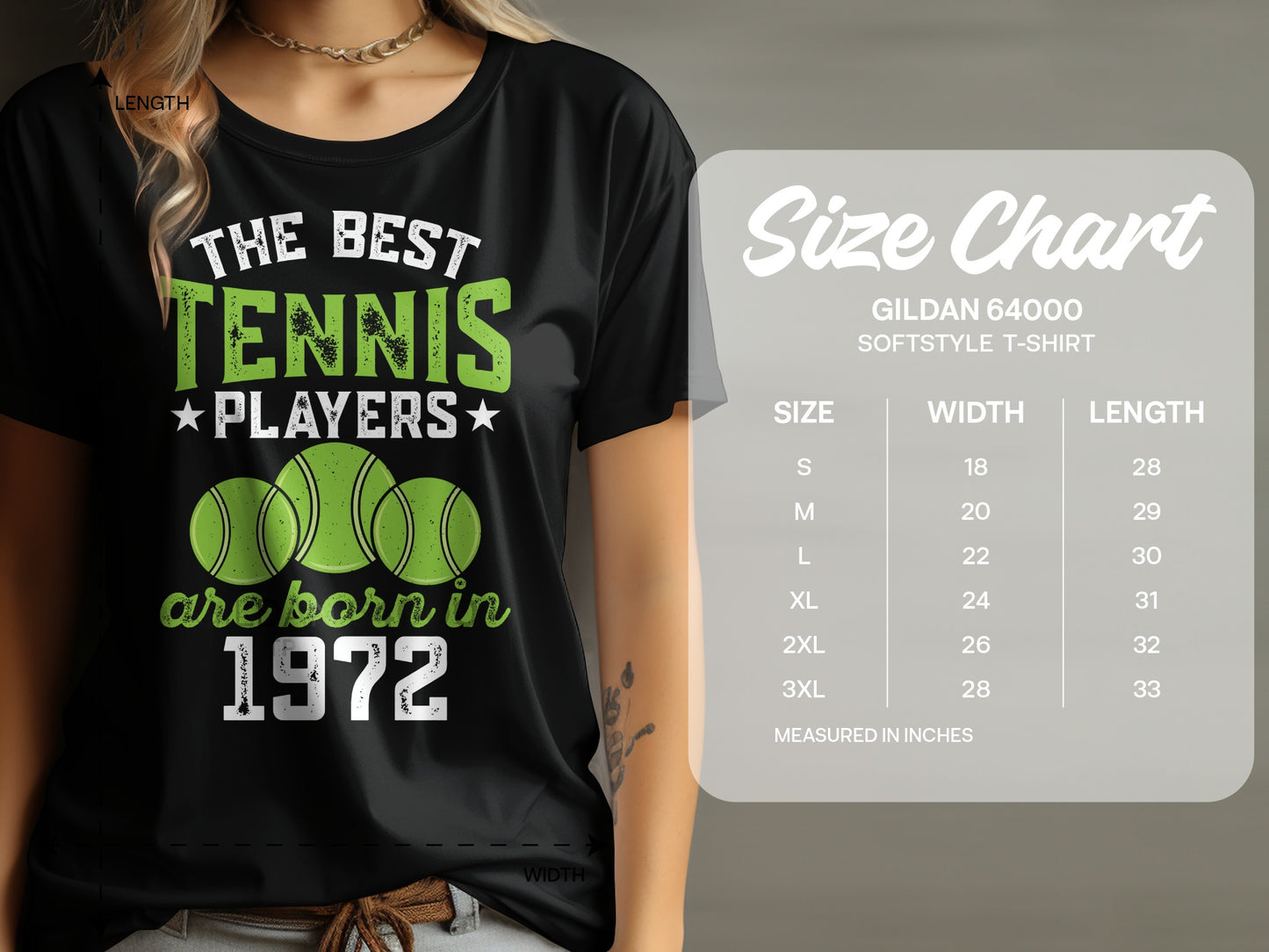 Black t-shirt with "The Best Tennis Players are born in 1972" graphic and size chart.