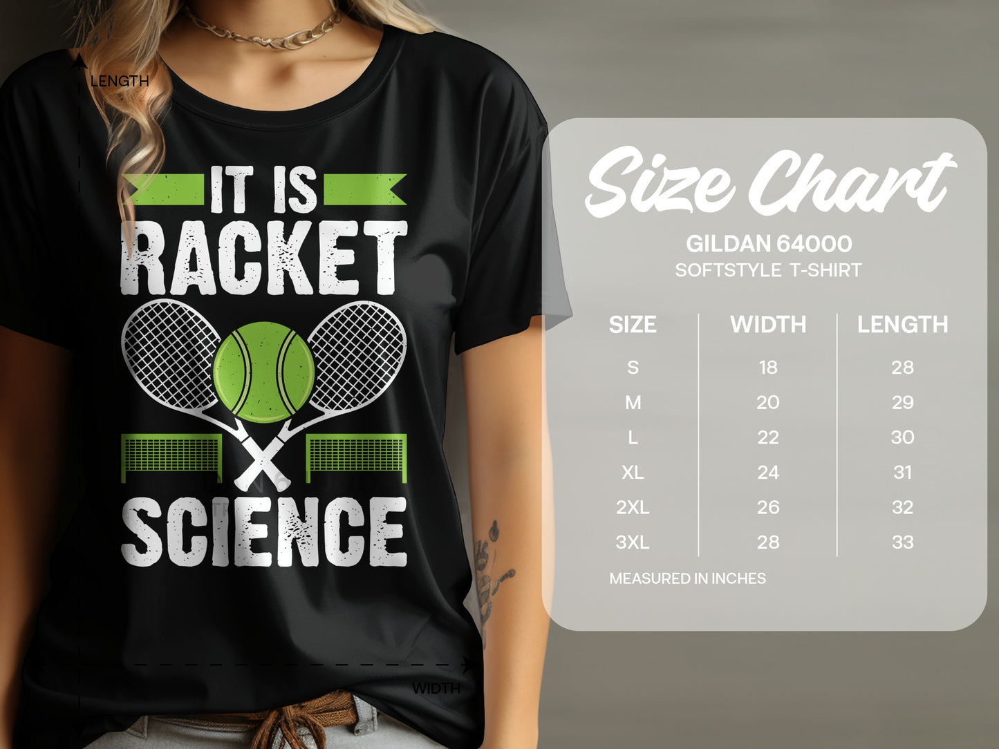 Black t-shirt with "IT IS RACKET SCIENCE" text and tennis rackets. Includes size chart.