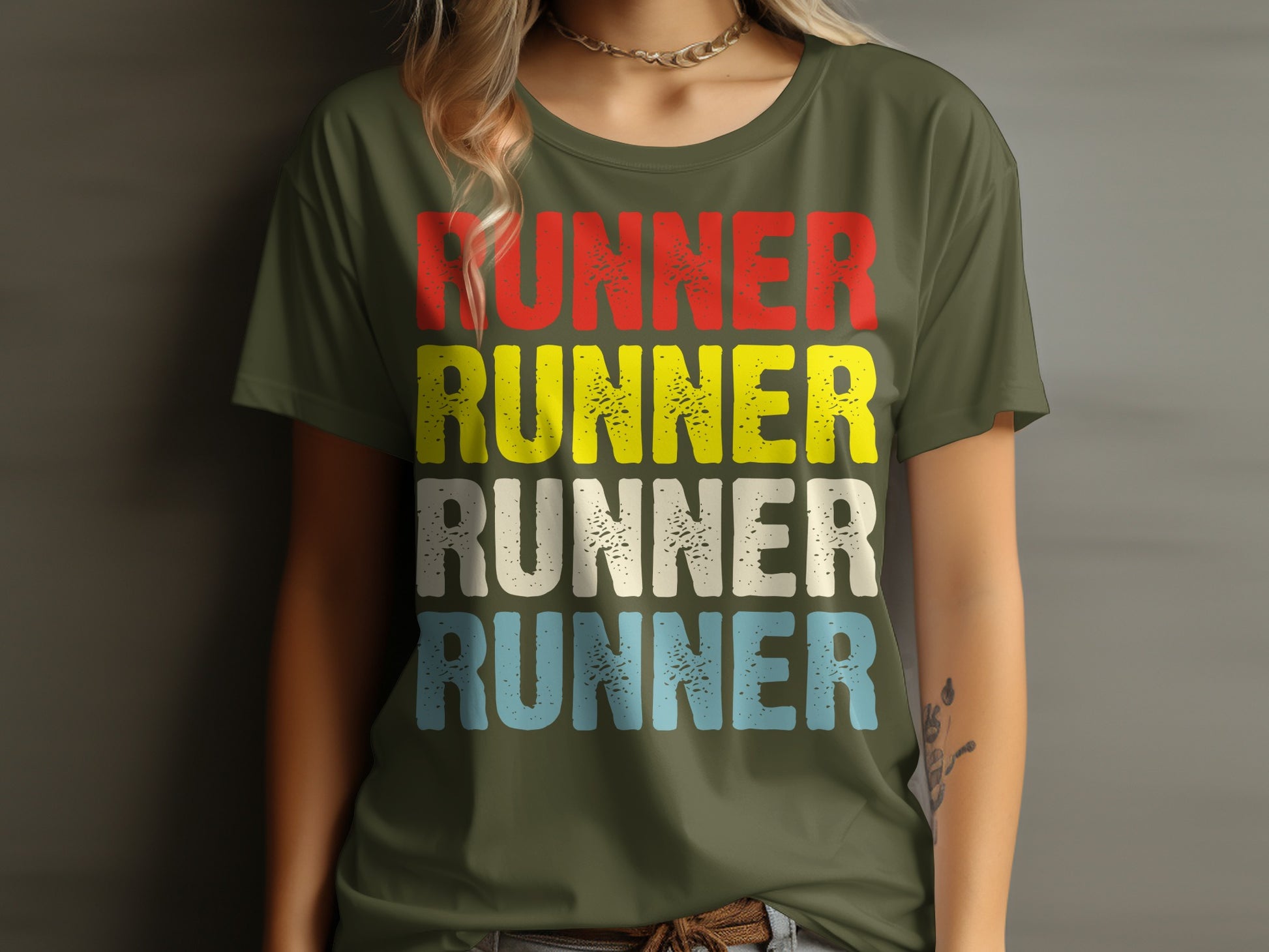 Green t-shirt with "RUNNER" repeated in red, yellow, white, and blue text.