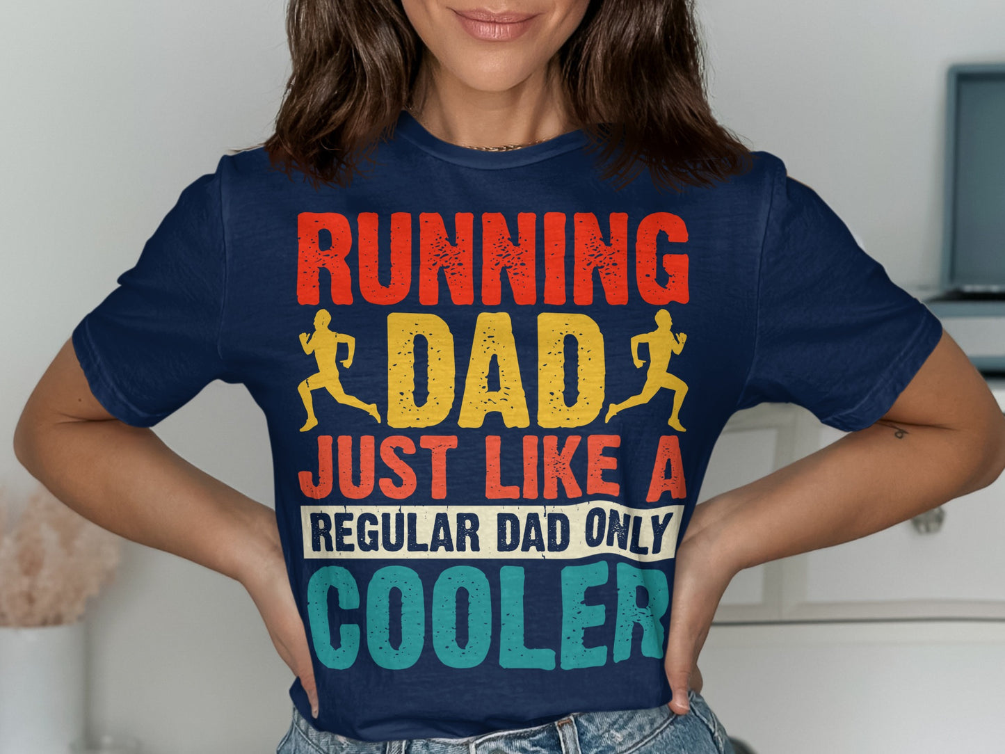Running Dad just like a regular dad only cooler text on a navy t-shirt.