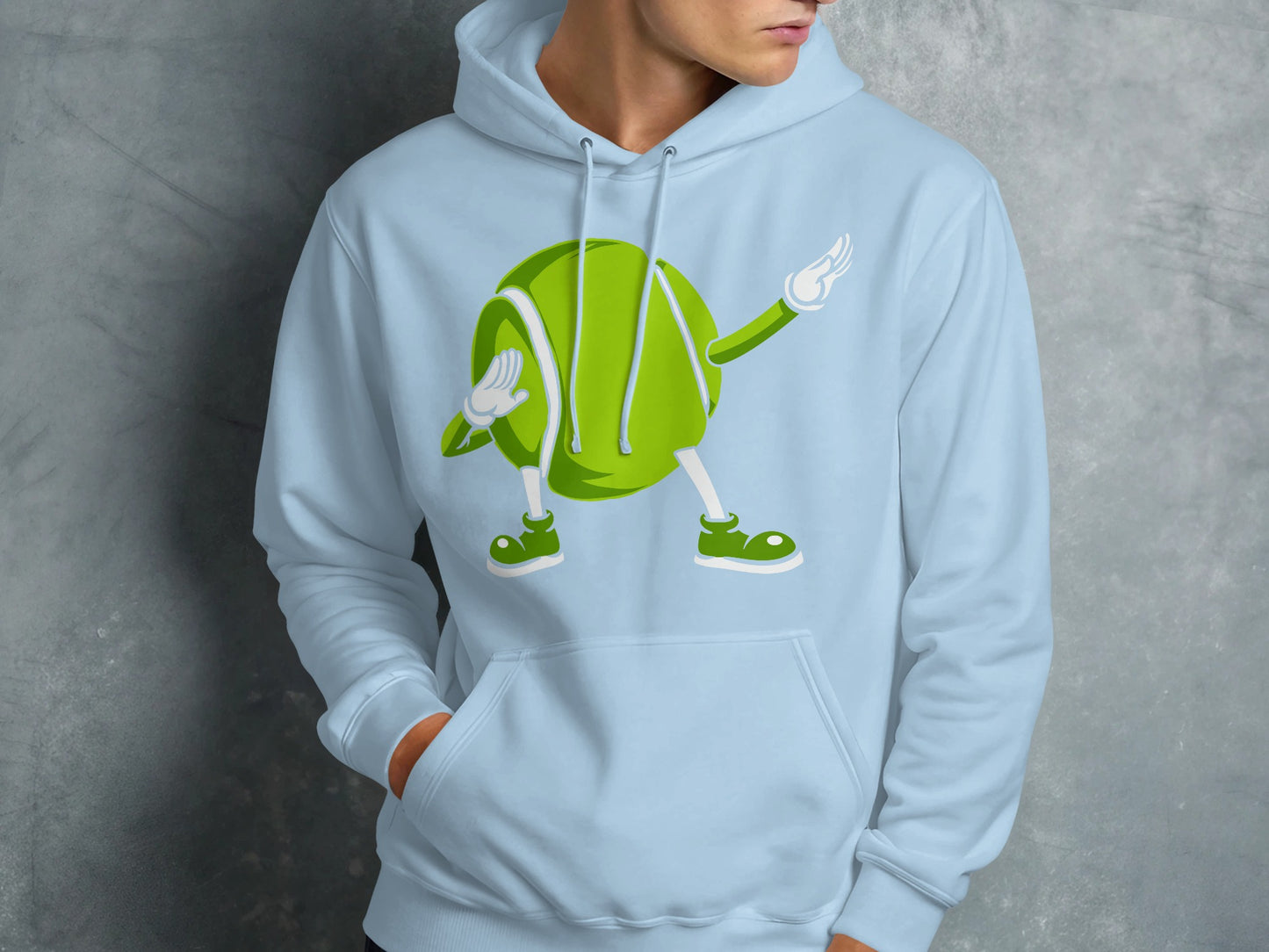 Light blue hoodie featuring a cartoon tennis ball character doing the dab dance.