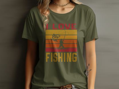 Green t-shirt with "I LOVE FISHING" text and a leaping fish graphic.
