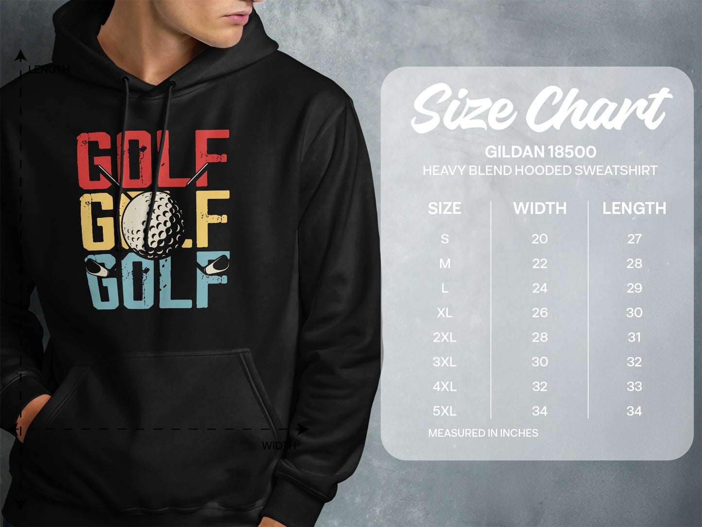 Hooded sweatshirt with "Golf Golf Golf" graphic and size chart.