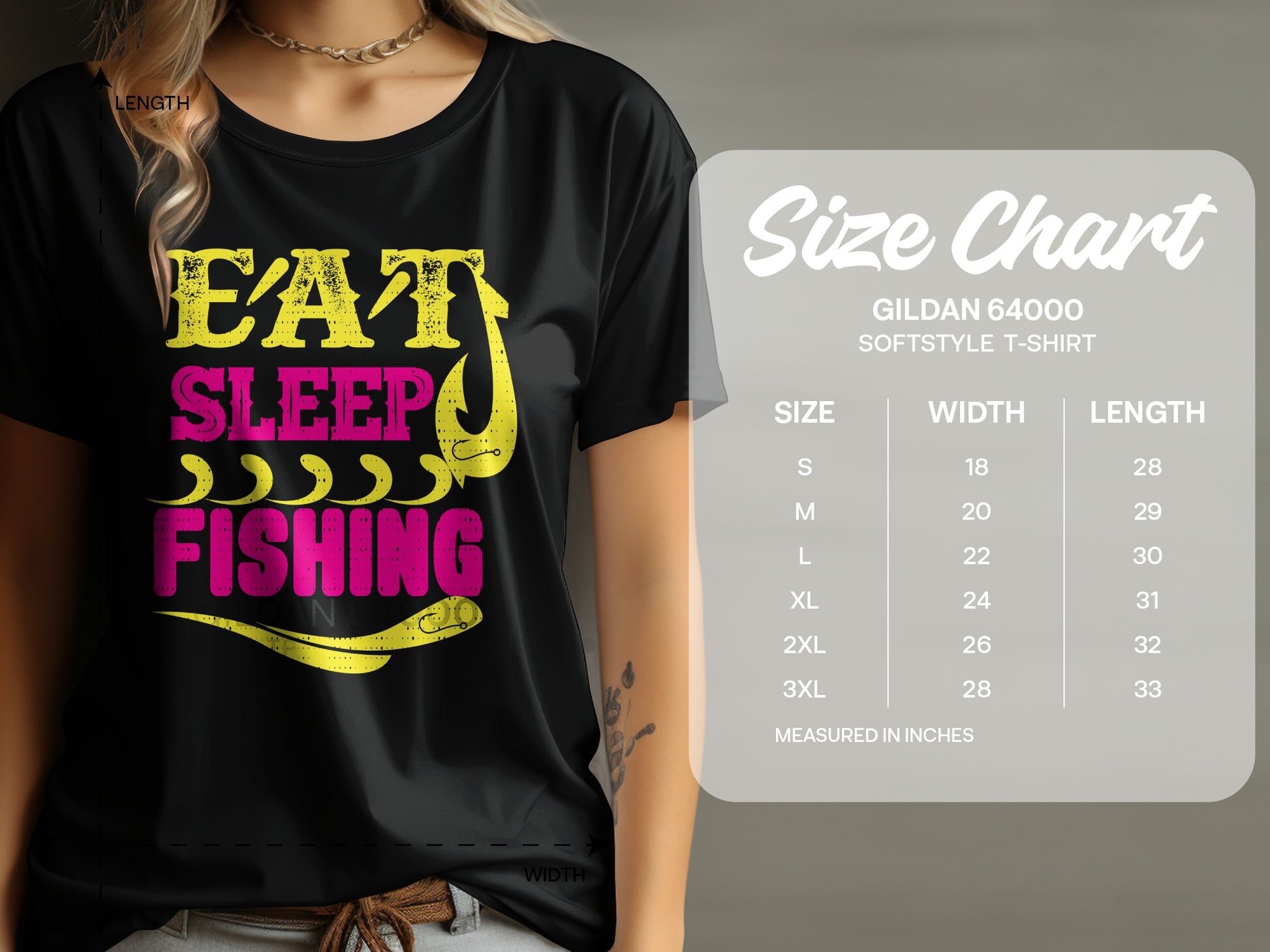 Black t-shirt with "Eat Sleep Fishing" graphic and Gildan size chart.