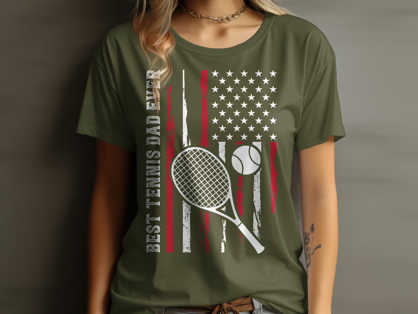 T-shirt with "Best Tennis Dad Ever" and US flag design.