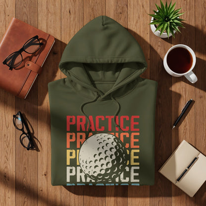 Green hoodie with "PRACTICE" text and golf ball graphic.