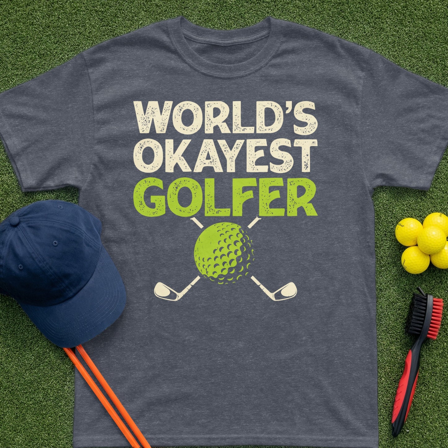 T-shirt with "World's Okayest Golfer" text and golf graphics.