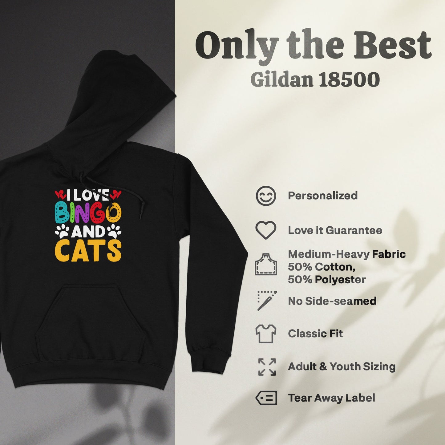 Gildan 18500 hoodie with "I love Bingo and Cats" graphic.