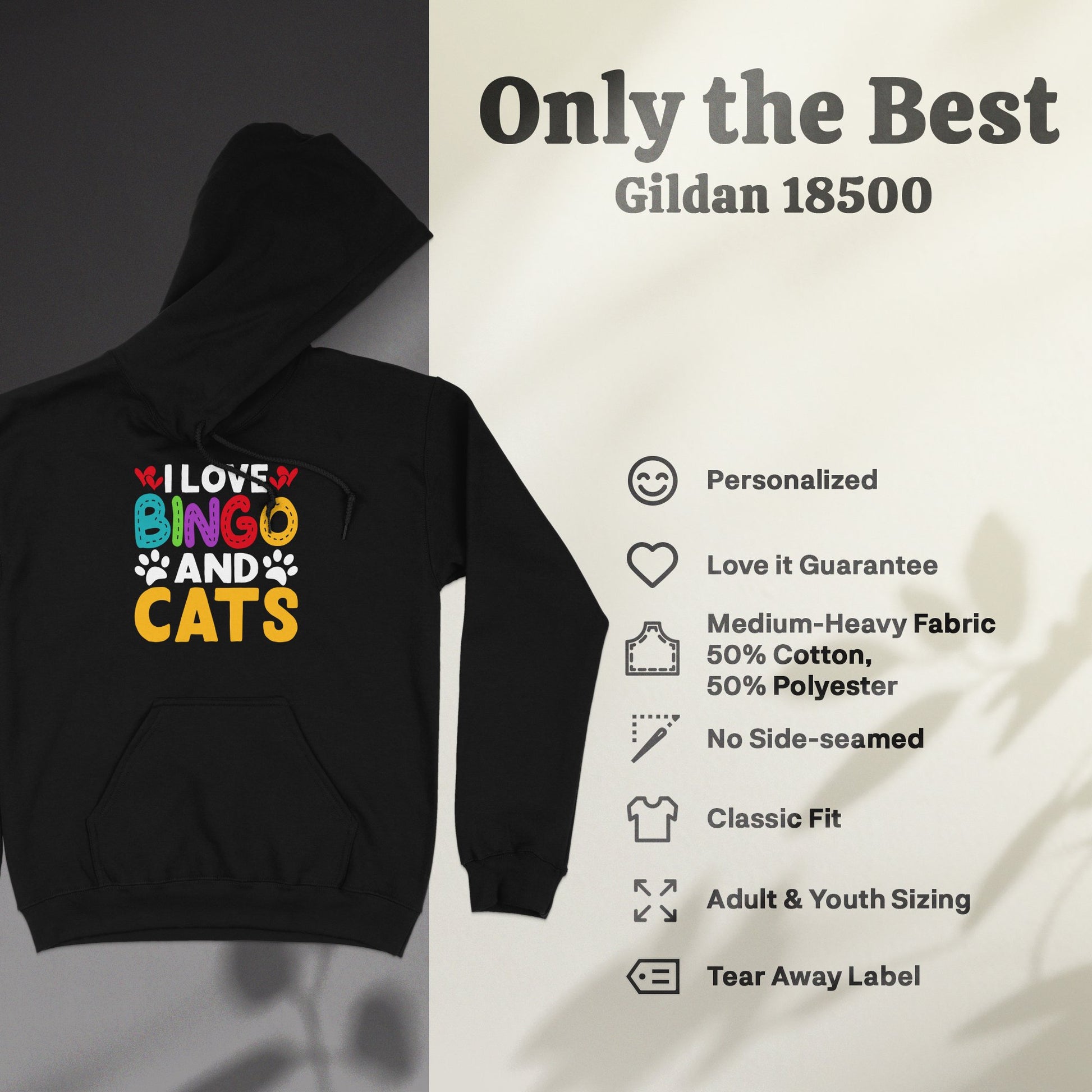 Gildan 18500 hoodie with "I love Bingo and Cats" graphic.