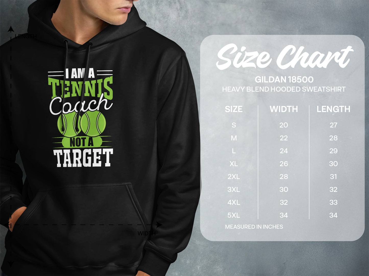 Man wearing a black hoodie with "I Am A Tennis Coach Not A Target" graphic and size chart.