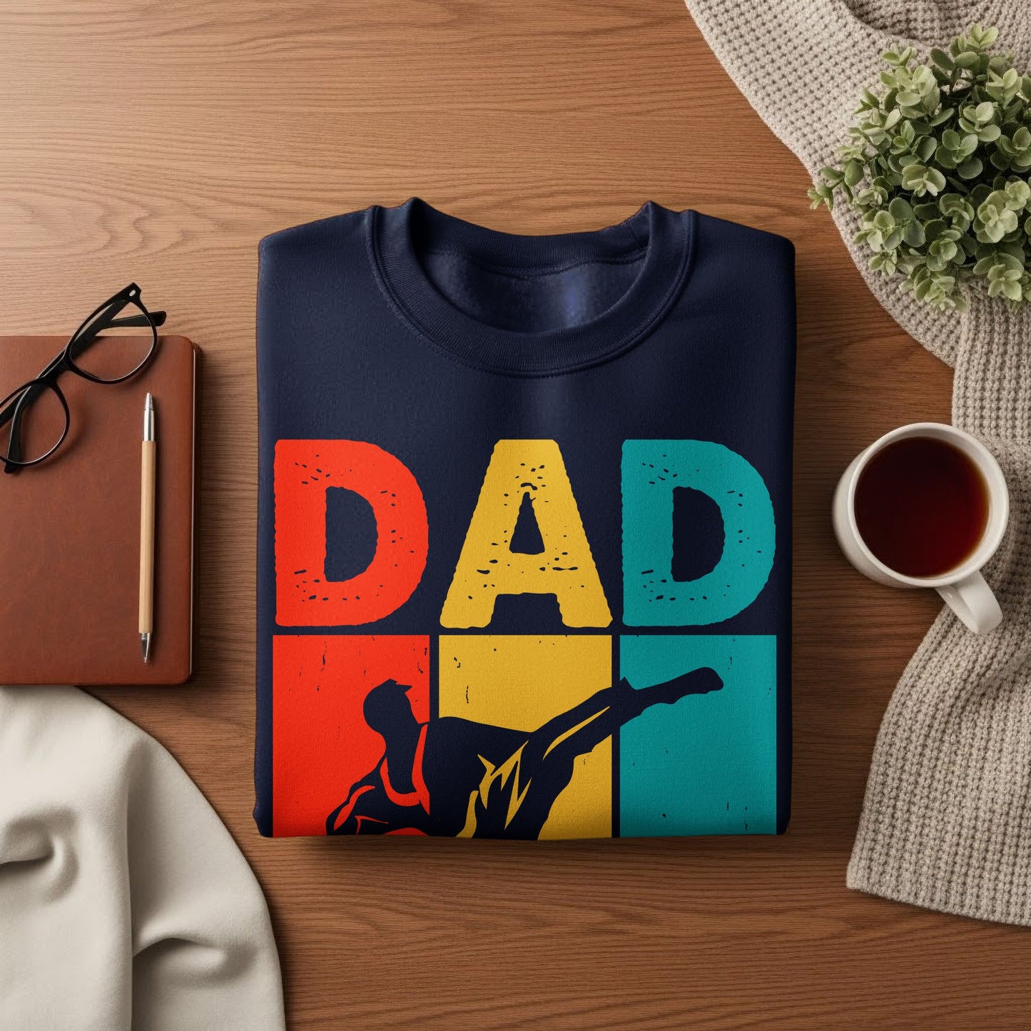Dark blue sweatshirt with bold "DAD" text and graphic of a person kicking.