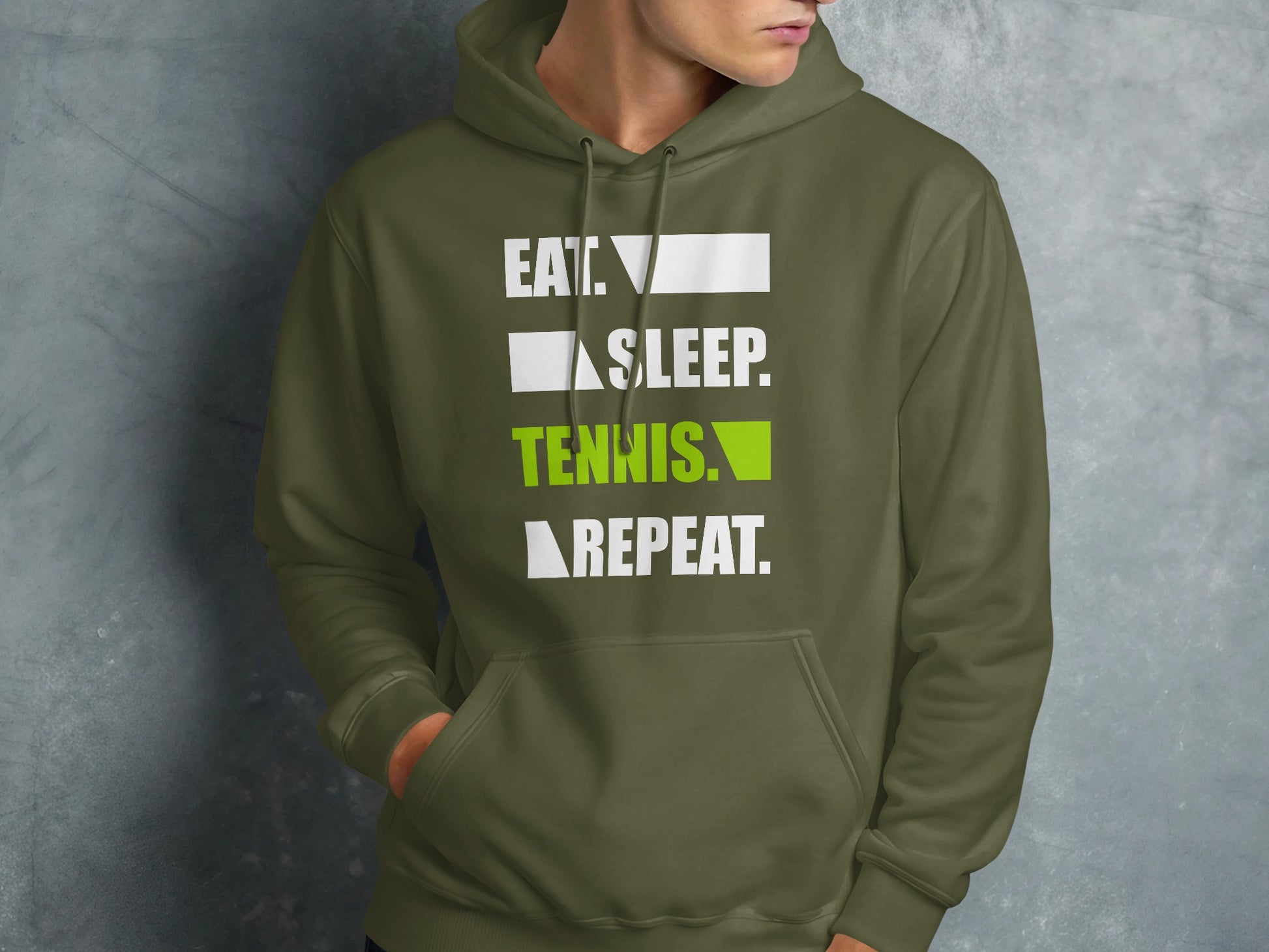 Olive green hoodie with "Eat. Sleep. Tennis. Repeat." text.