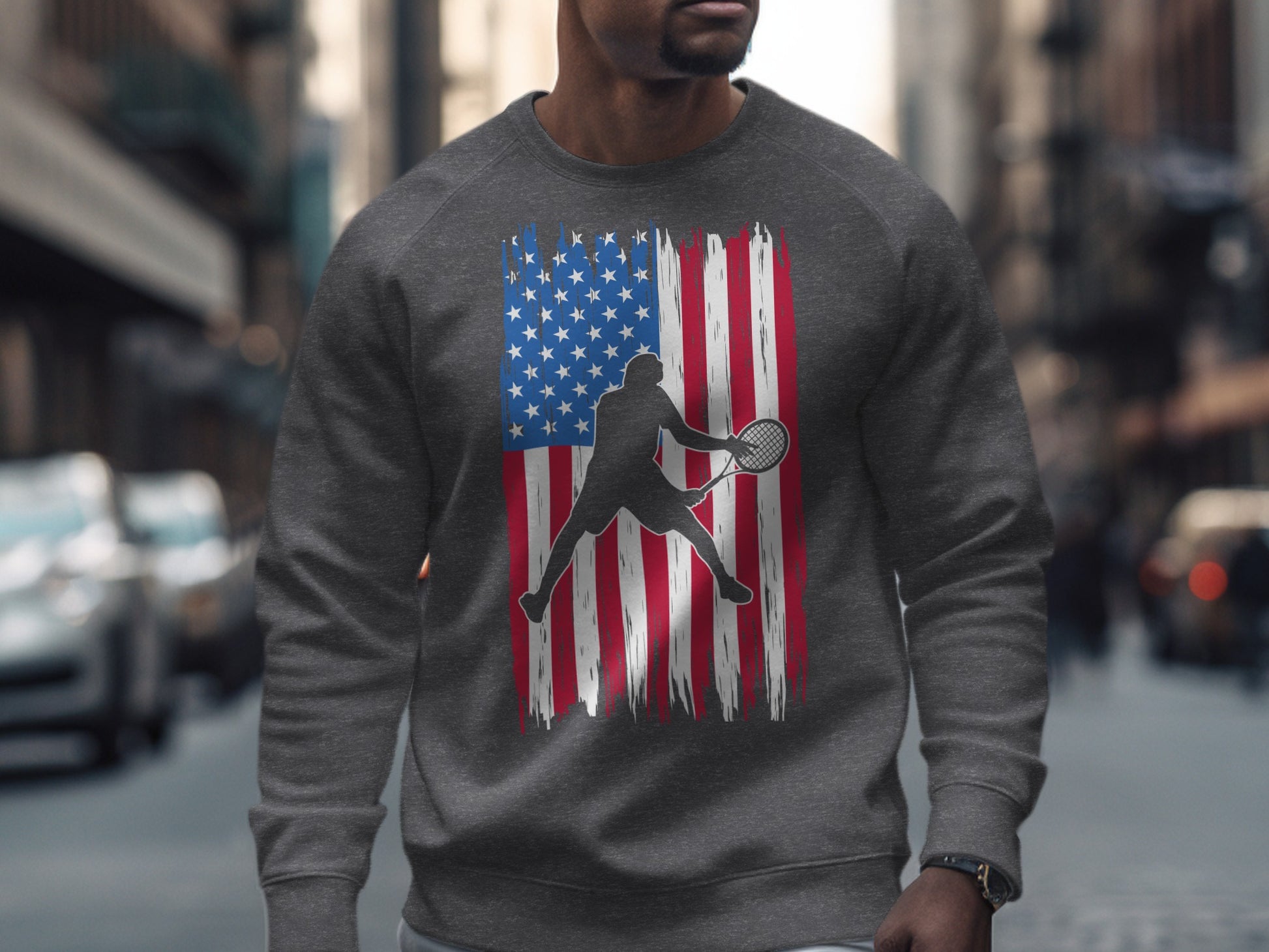 Gray sweatshirt with distressed American flag and tennis player graphic.