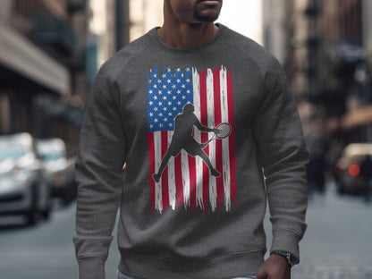 Gray sweatshirt with distressed American flag and tennis player graphic.