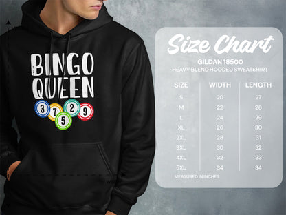 "Bingo Queen" hoodie design with a size chart for Gildan 18500 hooded sweatshirts.