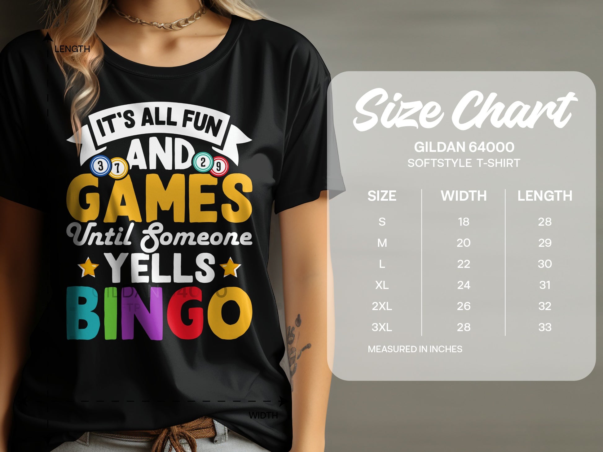 T-shirt with "It's all fun and games until someone yells BINGO" text and size chart.
