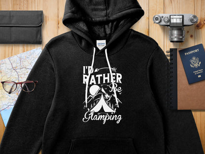 Black hoodie with "I'd Rather Be Glamping" text and mountain graphic.