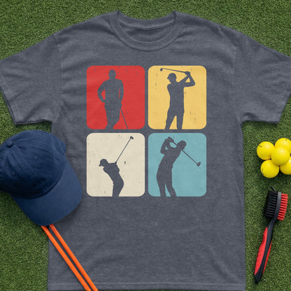 T-shirt with four vintage golf silhouette squares: red, yellow, blue, and green.