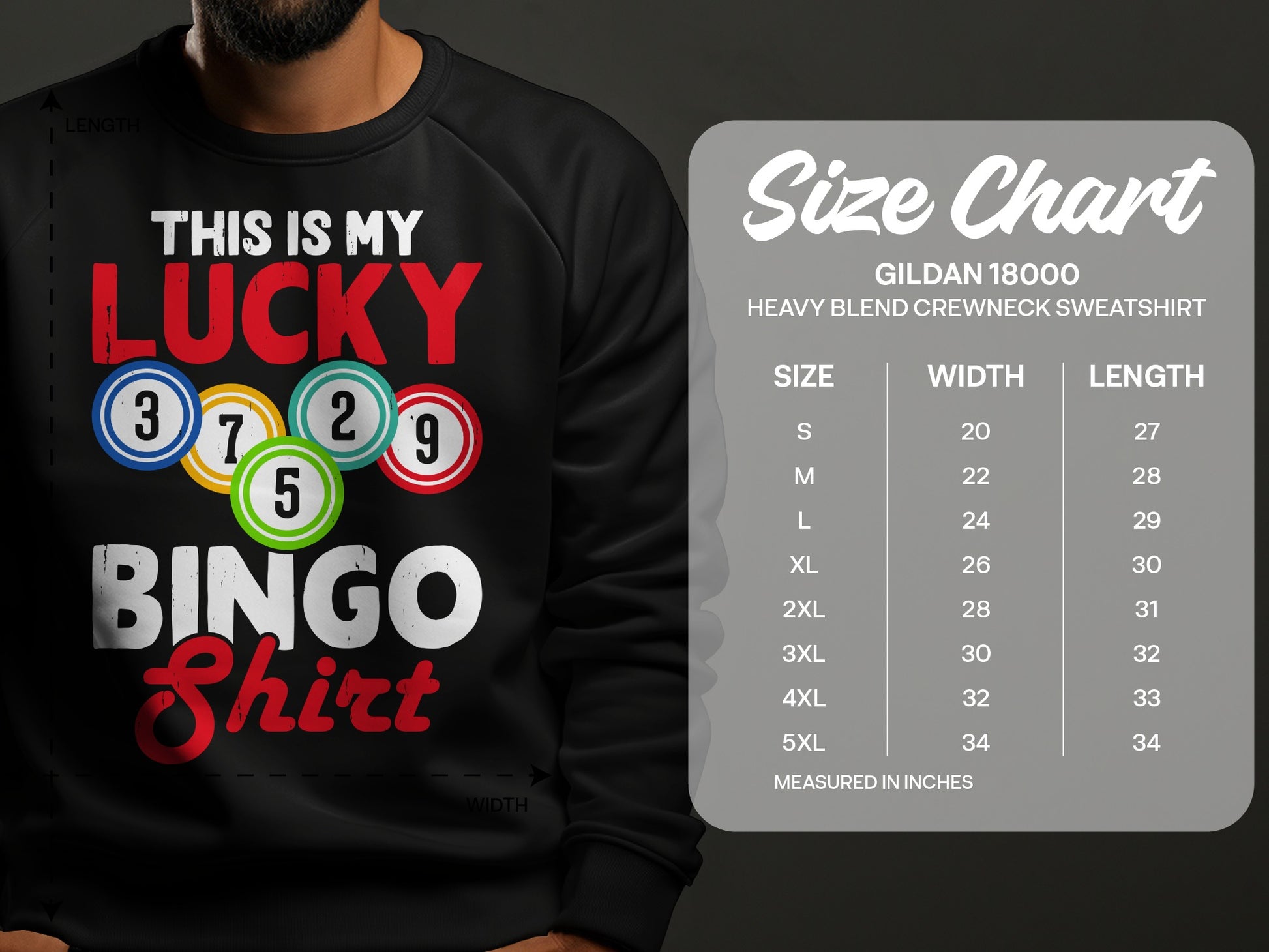 Black sweatshirt with "This is My Lucky Bingo Shirt" text and a size chart.
