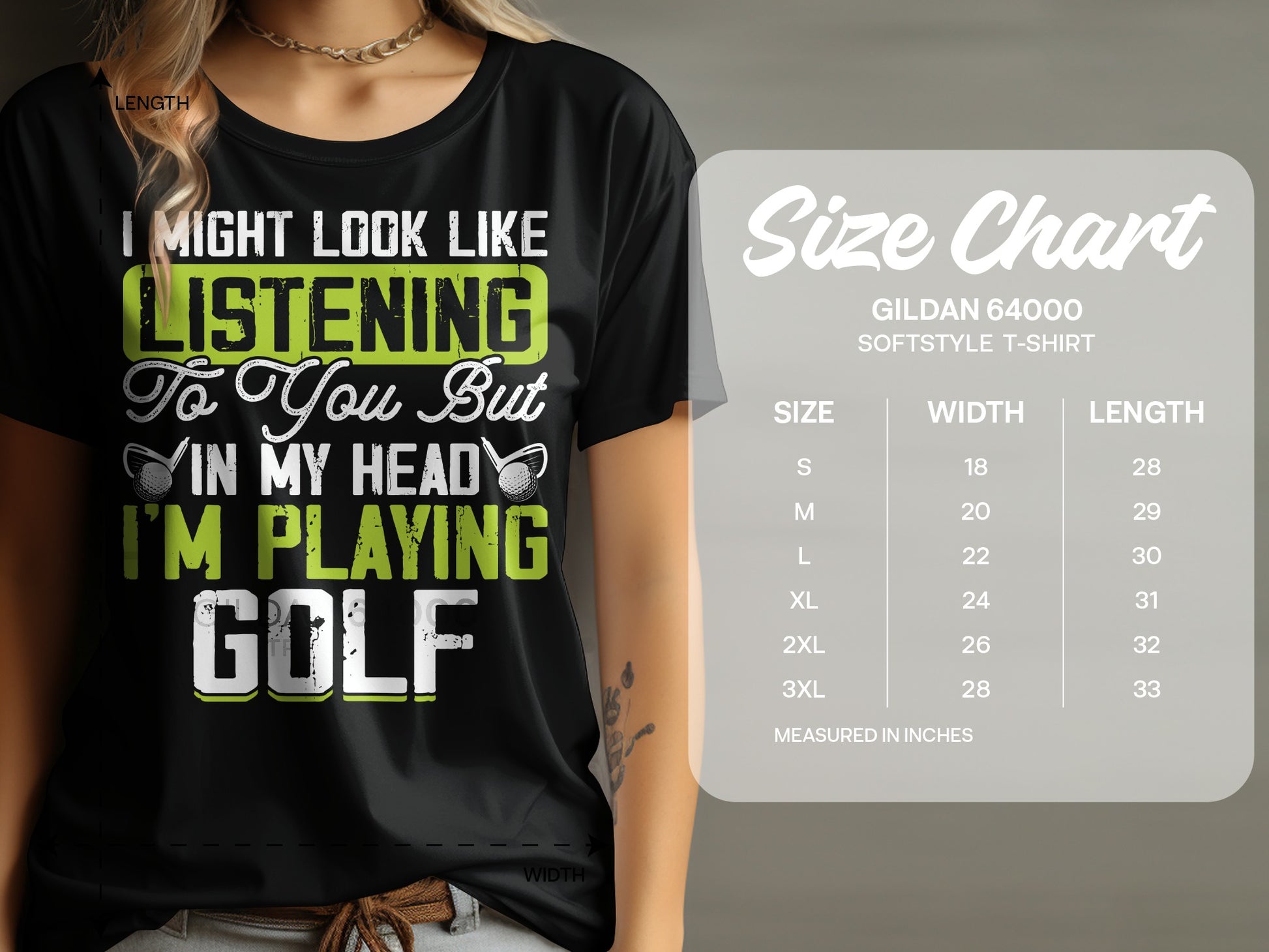 T-shirt with "I Might Look Like Listening To You But In My Head I'm Playing Golf" graphic.