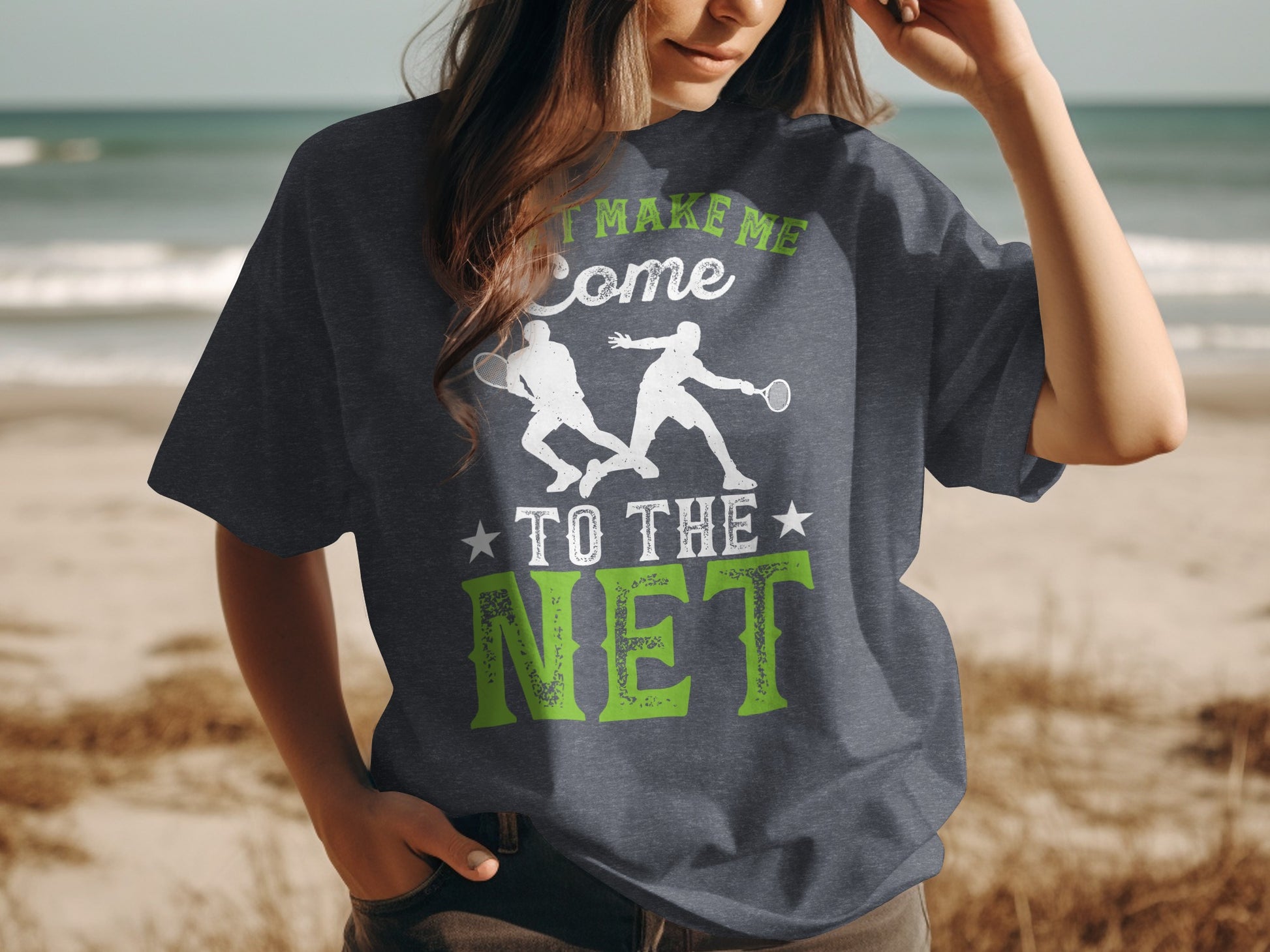 Dark grey t-shirt with "LET ME MAKE ME COME TO THE NET" and tennis players graphic.