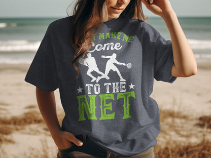 Dark grey t-shirt with "LET ME MAKE ME COME TO THE NET" and tennis players graphic.