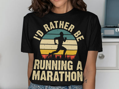 Black t-shirt with "I'd Rather Be Running a Marathon" and runner silhouette graphic.
