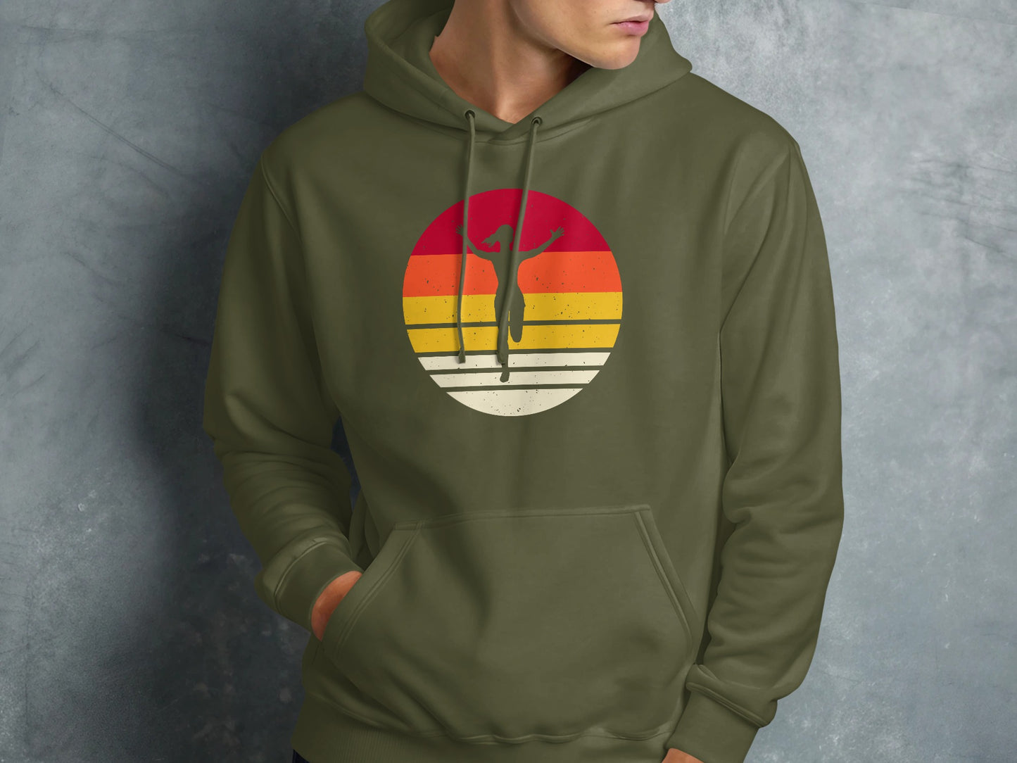 Green hoodie with abstract sunset runner graphic.