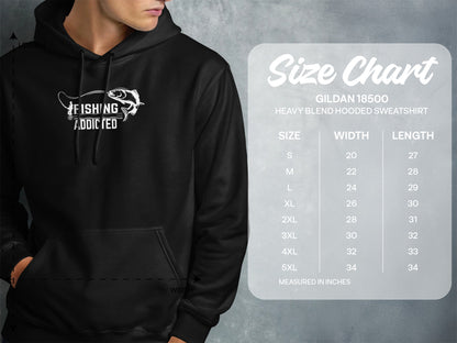 Gildan 18500 hooded sweatshirt size chart with "FISHING ADDICTED" graphic.