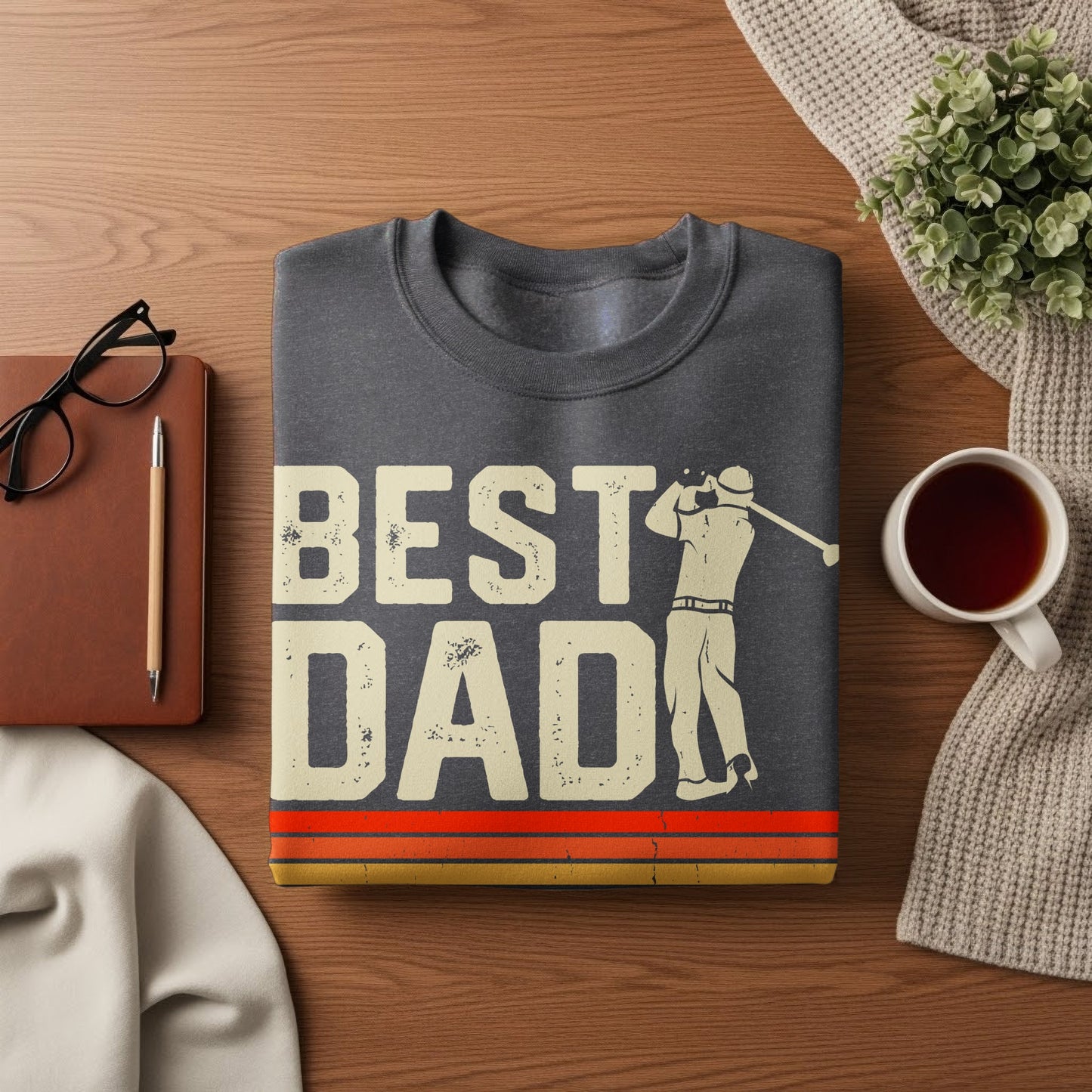 Dark grey sweatshirt with "BEST DAD" text and golfer graphic, laid flat.