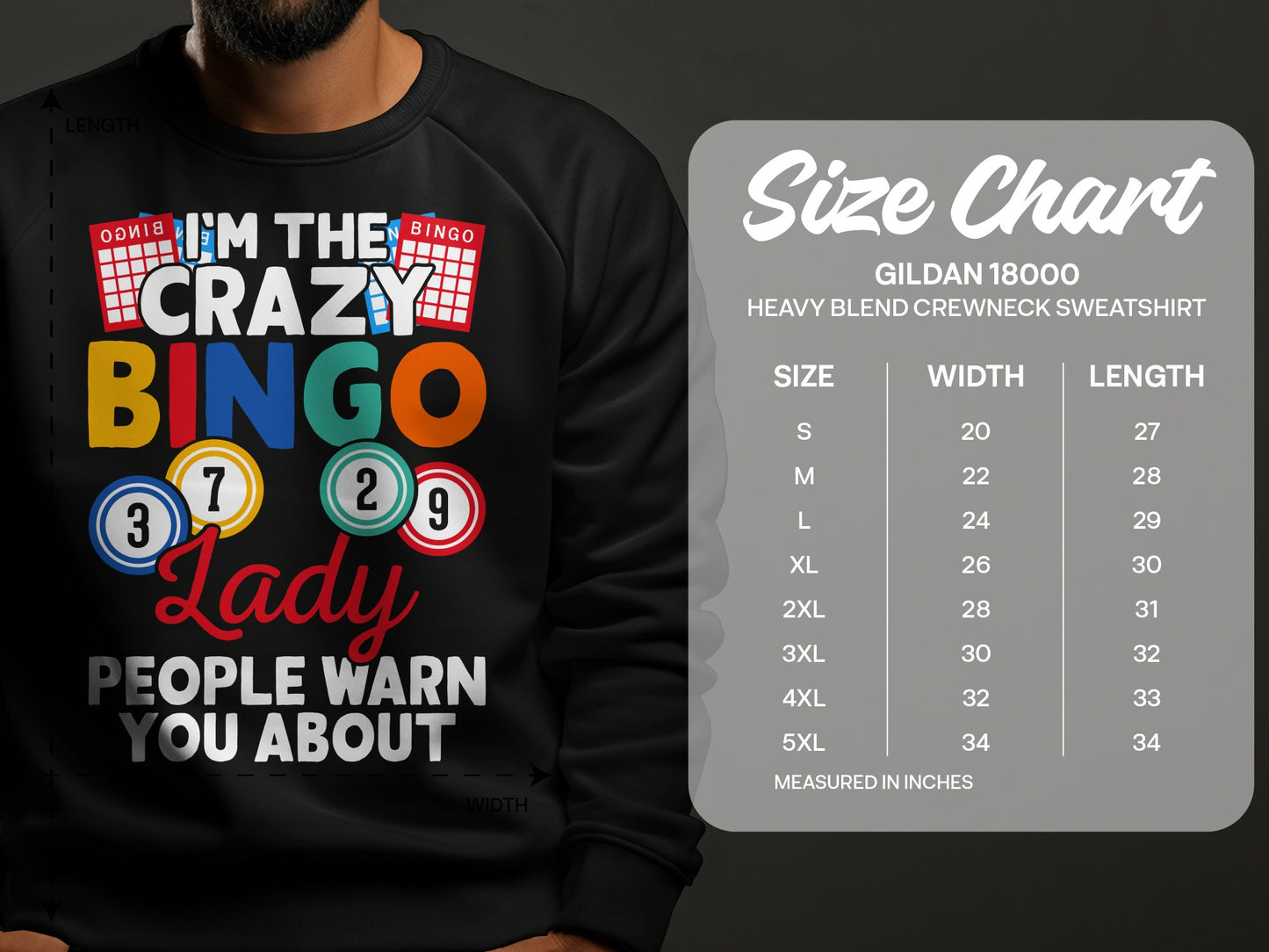 Black sweatshirt with "I'M THE CRAZY BINGO LADY" and size chart.