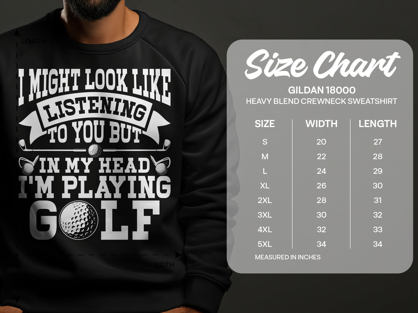 Sweatshirt with "I'm playing golf" text and a size chart.