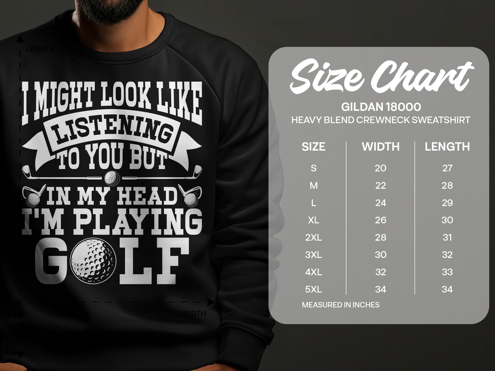 Sweatshirt with "I'm playing golf" text and a size chart.