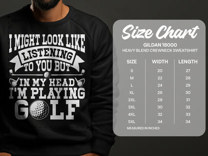 Sweatshirt with "I'm playing golf" text and a size chart.
