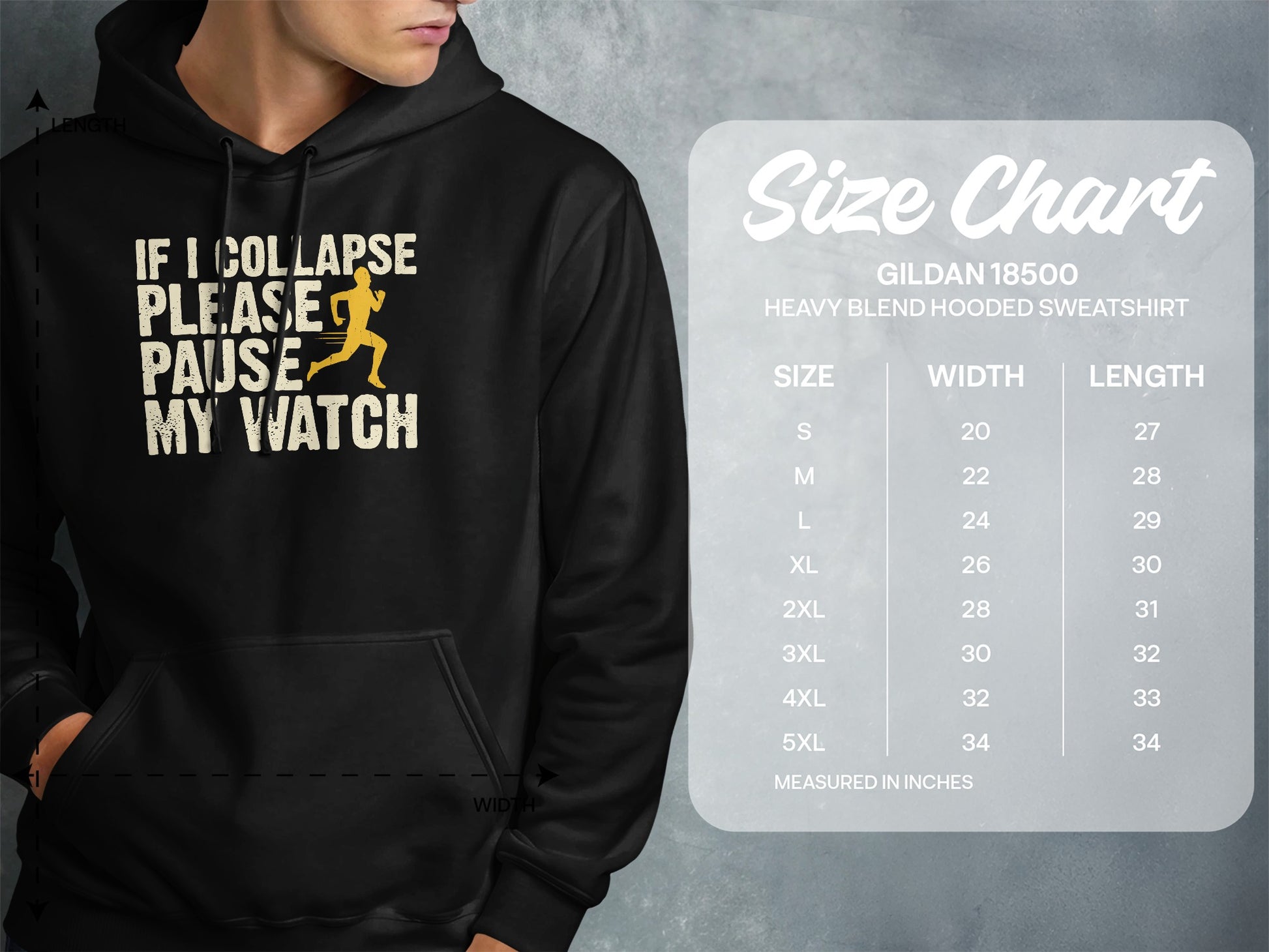Hooded sweatshirt size chart with dimensions for Gildan 18500 sweatshirt.