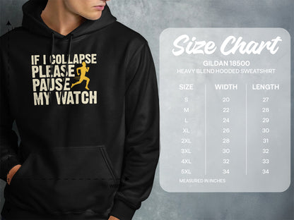 Hooded sweatshirt size chart with dimensions for Gildan 18500 sweatshirt.