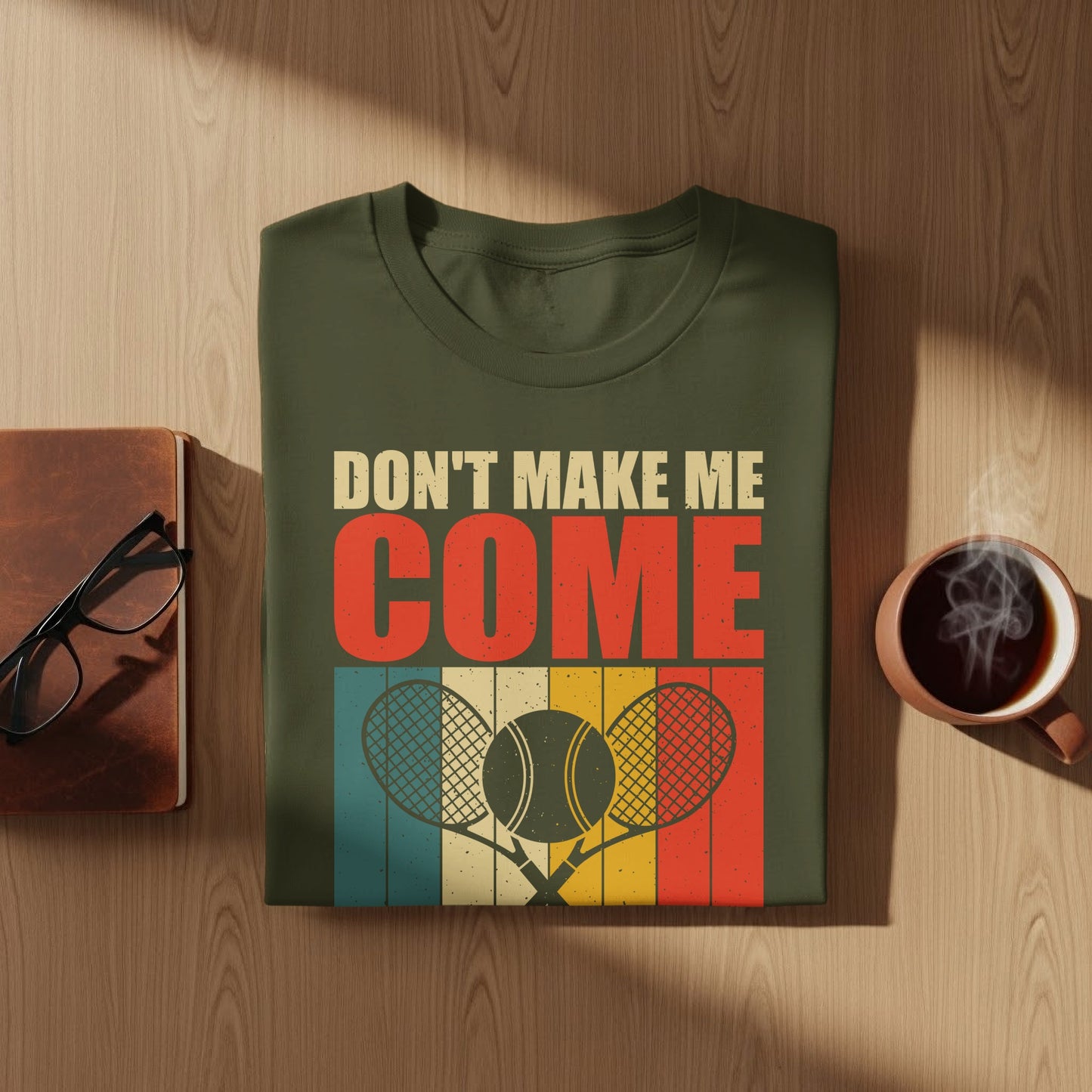 Olive green t-shirt with "Don't Make Me Come" and tennis rackets graphic.