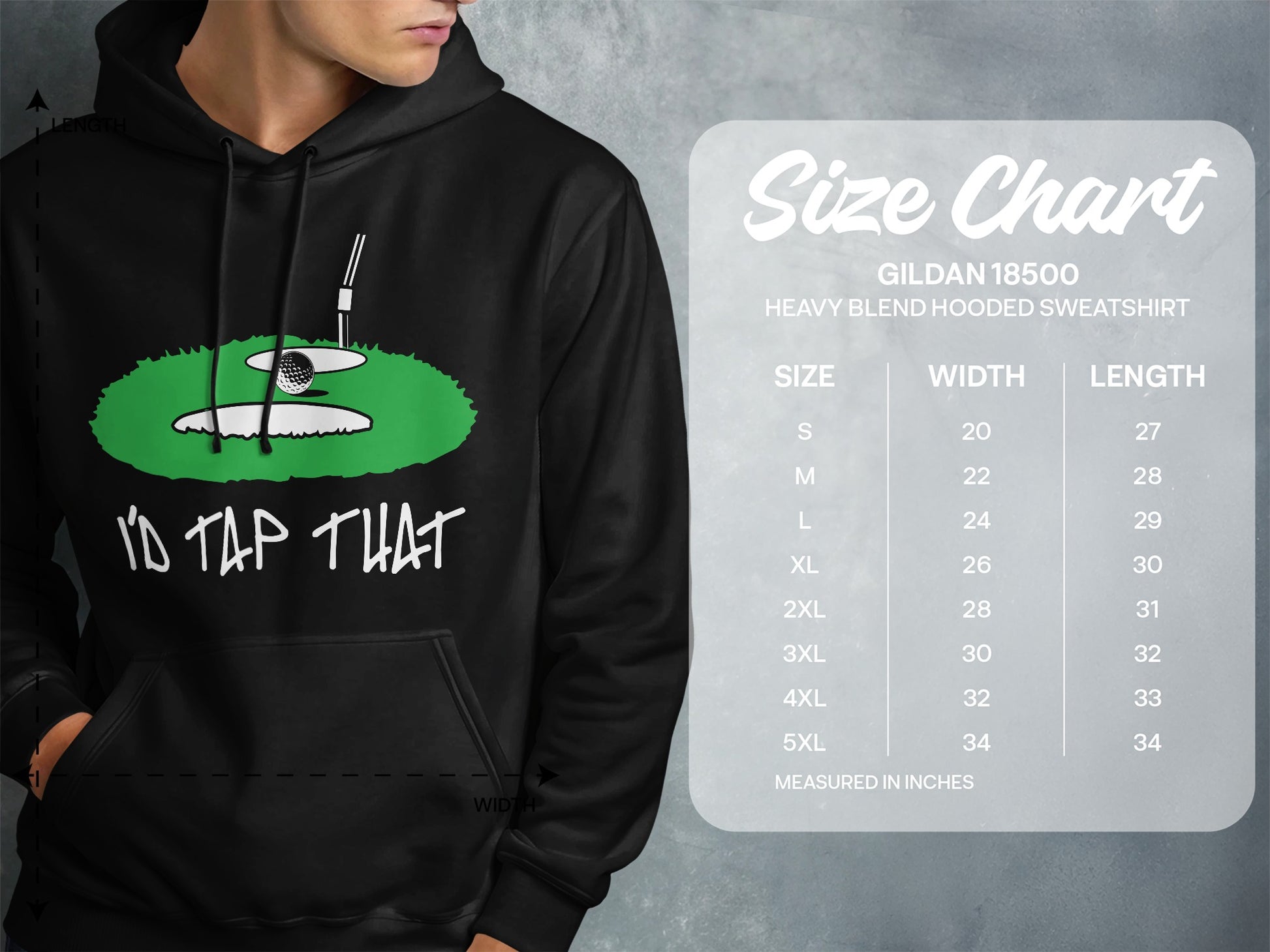 Hoodie with "I'd Tap That" text and golf graphic, next to a size chart.