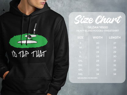 Hoodie with "I'd Tap That" text and golf graphic, next to a size chart.