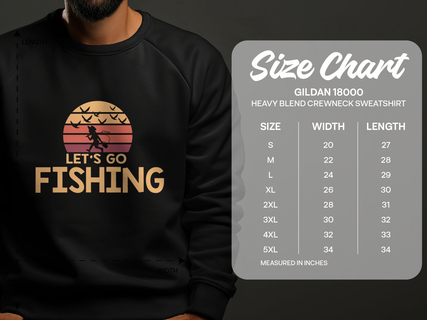 Gildan 18000 sweatshirt size chart with width and length measurements.