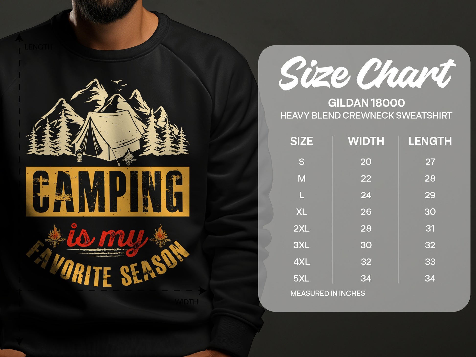 Sweatshirt with "Camping is my favorite season" graphic and size chart.