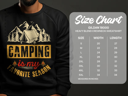 Sweatshirt with "Camping is my favorite season" graphic and size chart.
