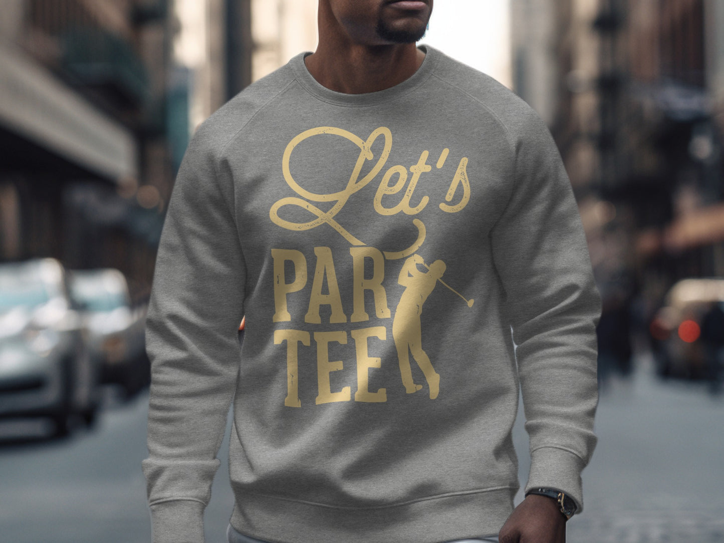 Grey sweatshirt with "Let's PAR tee" and a golfer graphic.