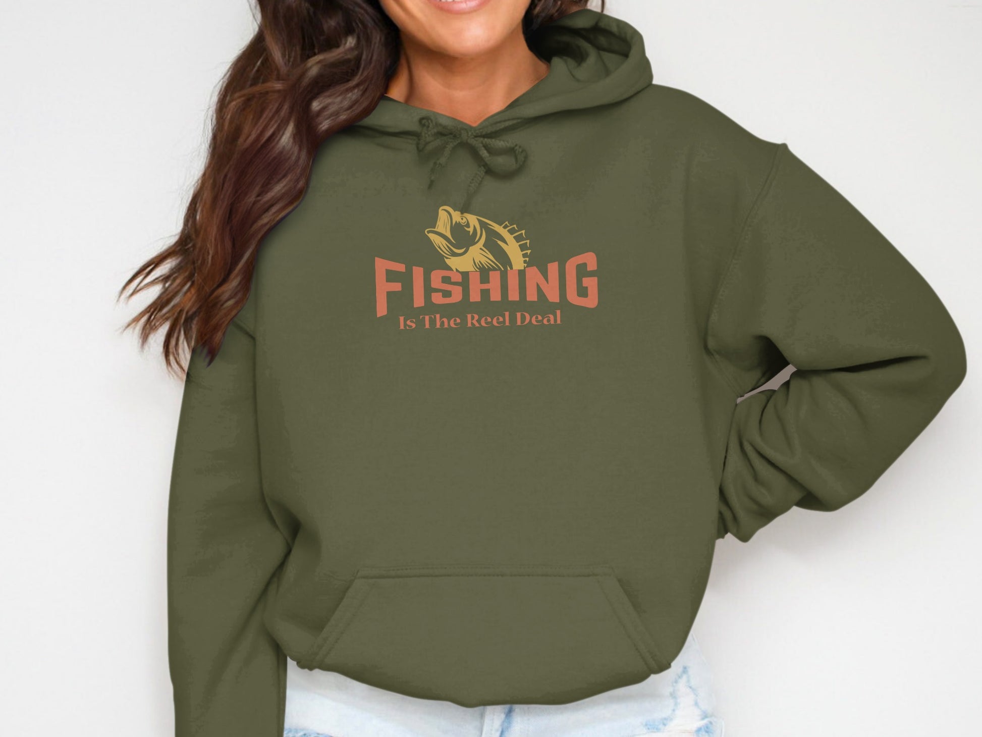 Olive green hoodie with "Fishing Is The Reel Deal" text and fish graphic.