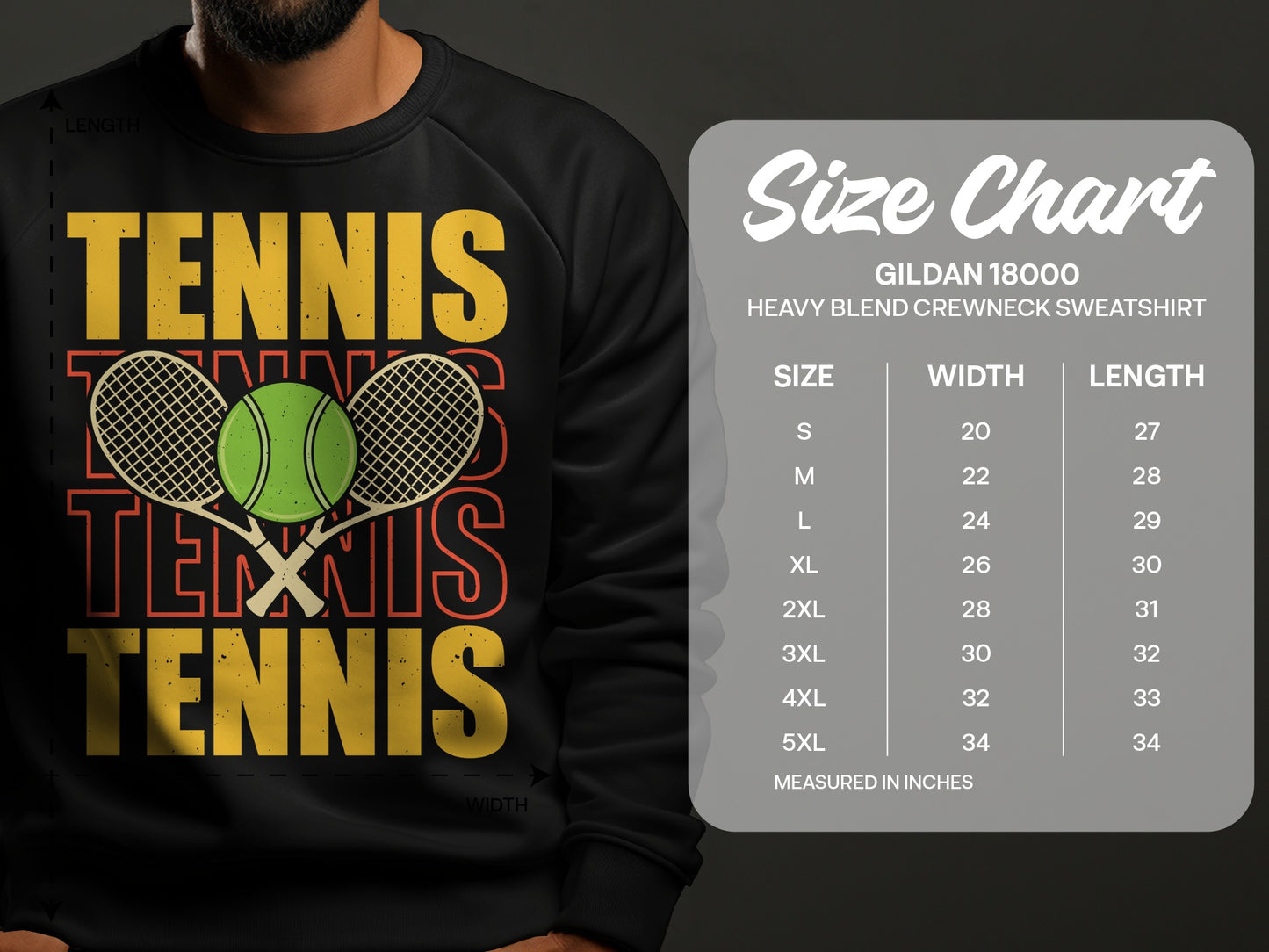 Gildan 18000 sweatshirt size chart with tennis graphic.