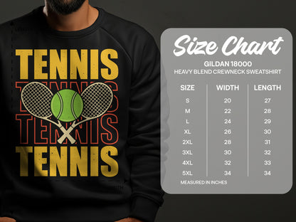 Gildan 18000 sweatshirt size chart with tennis graphic.